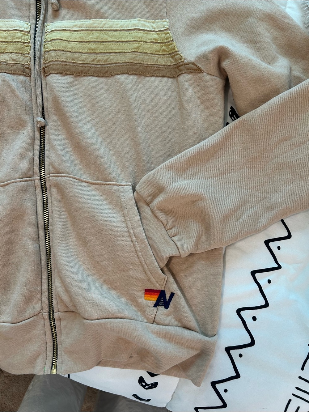 Aviator Nation Beige Zip Hoodie with Yellow Stripe Accents - Picture 2 of 7
